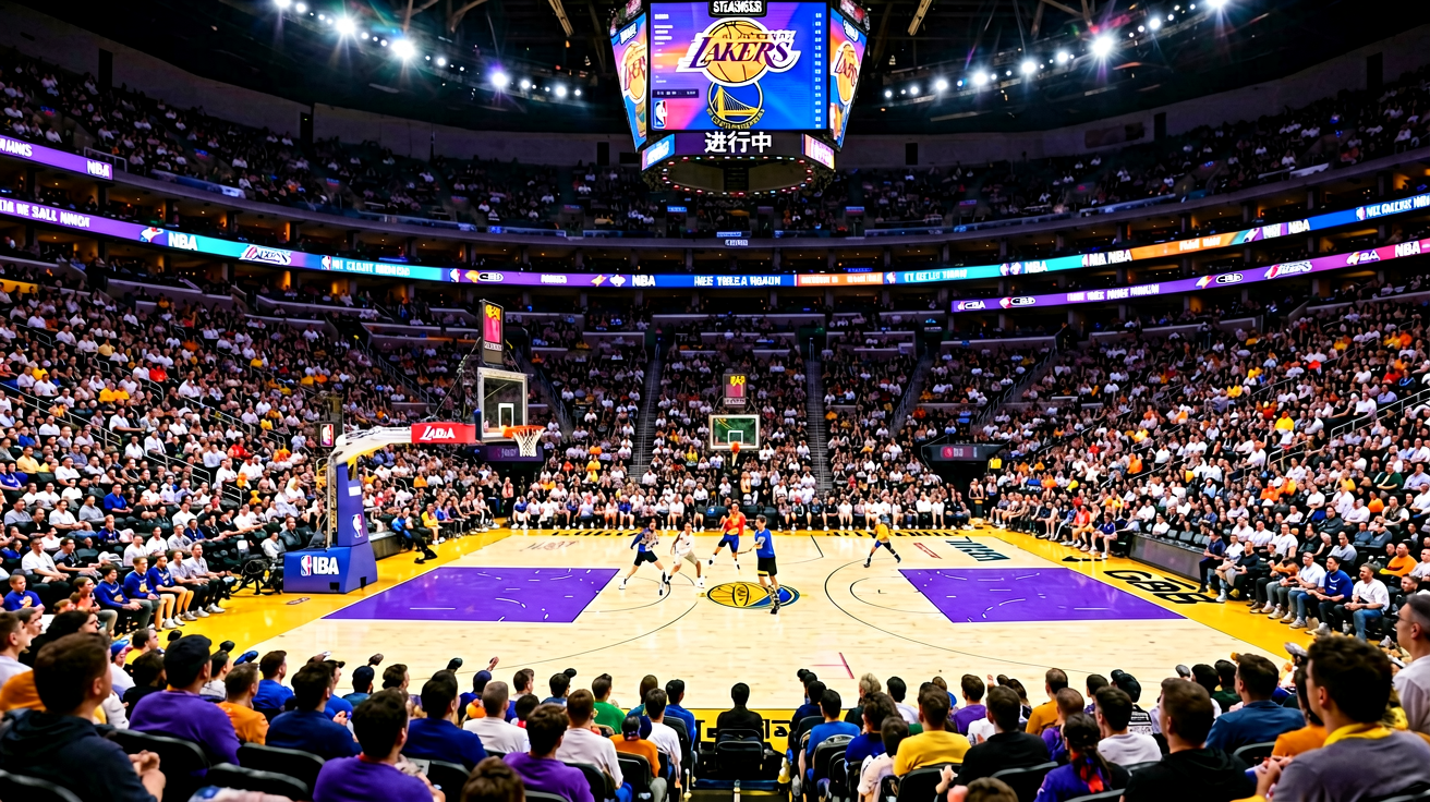 篮球场馆内正在进行NBA比赛的现场全景，观众席座无虚席