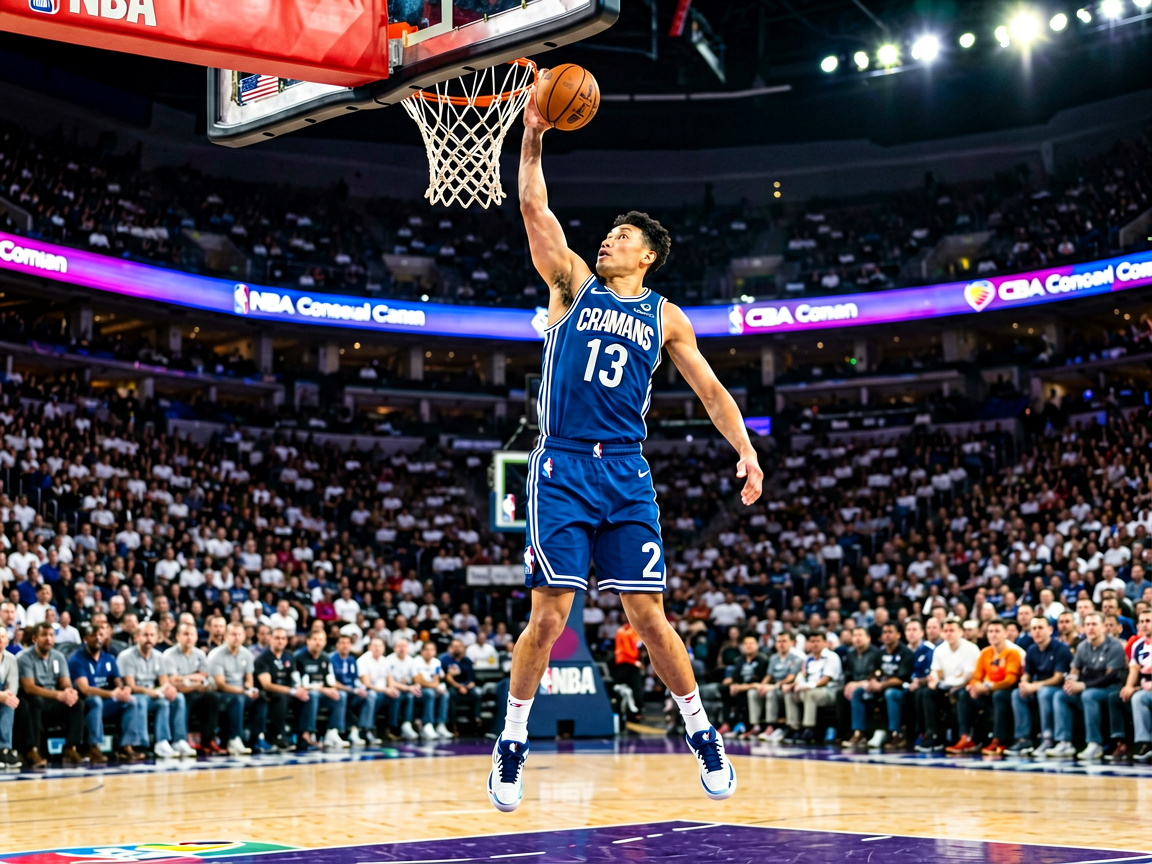 NBA篮球比赛中球员突破上篮的精彩瞬间，现场灯光聚焦球场中央